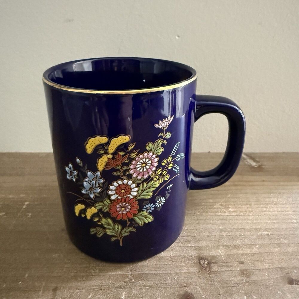 Vintage Dark Blue Ceramic Mug with Asian Floral Pattern & Gold Trim • Japan